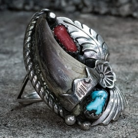 Vintage Navajo Sterling Silver, Turquoise, Coral & Bear Claw Ring Signed