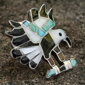 Vintage Zuni Sterling Silver Thunderbird Inlay Ring