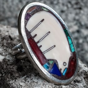 Ray Tracey Sterling Silver & Multi-Stone Inlay Bear Ring