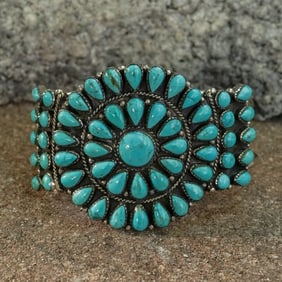 Vintage Signed Zuni Sterling Silver & Turquoise Cuff Bracelet