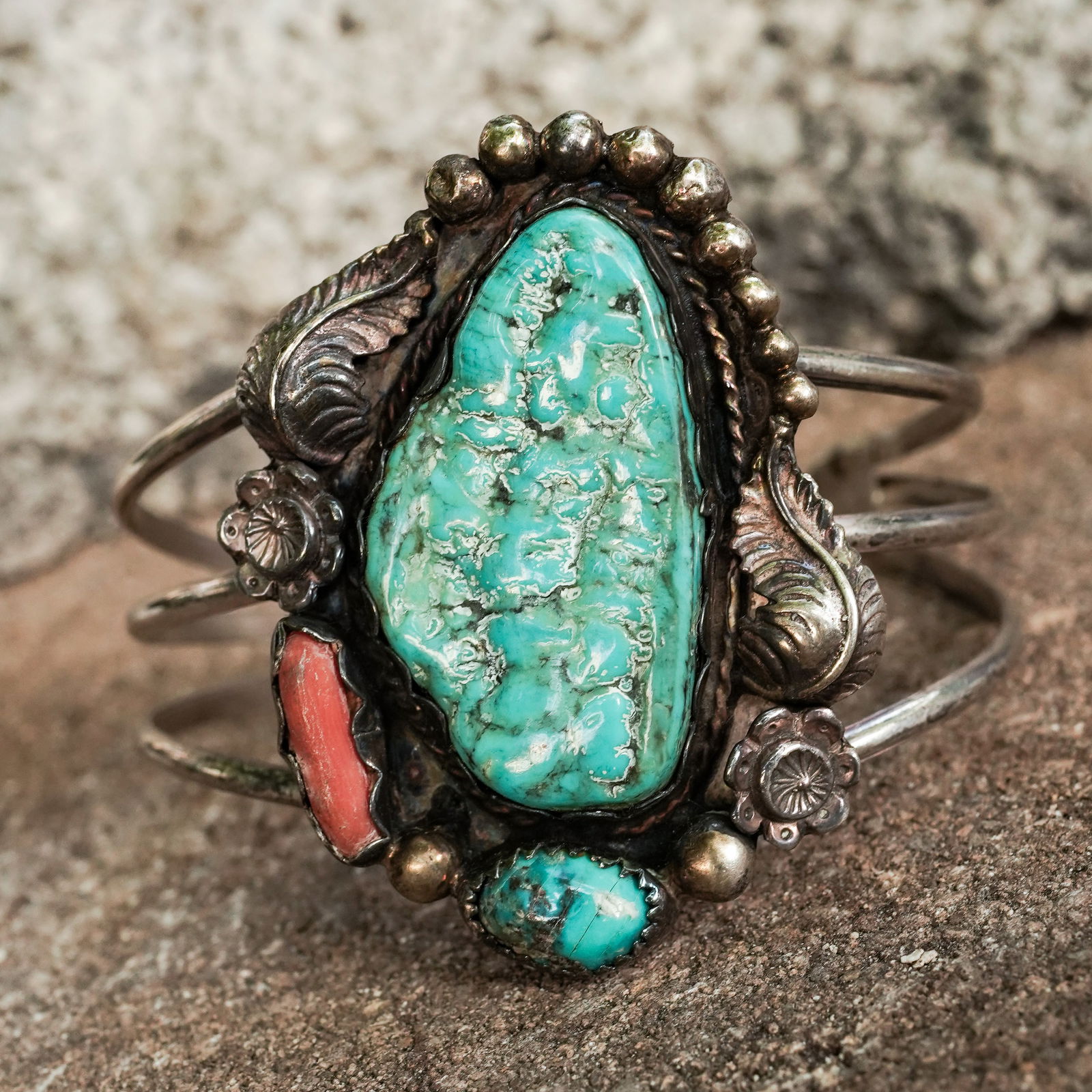 Vintage Garrison Boyd Navajo Sterling Silver, Turquoise & Coral Cuff Bracelet (1 of 6)
