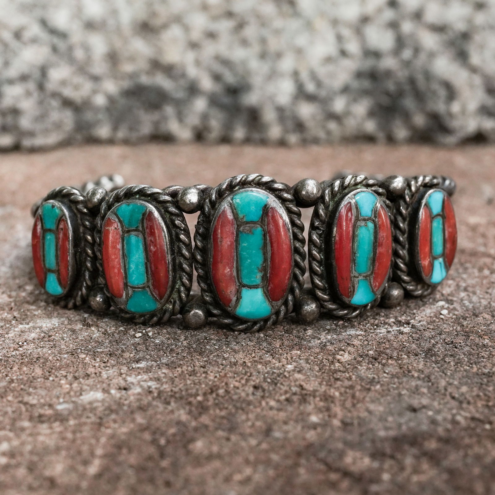 Vintage Ruex Zuni Stirling Silver, Turquoise & Coral Inlay Cuff Bracelet (1 of 7)