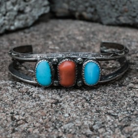 Vintage Navajo Sterling Silver Turquoise & Coral Cuff Bracelet