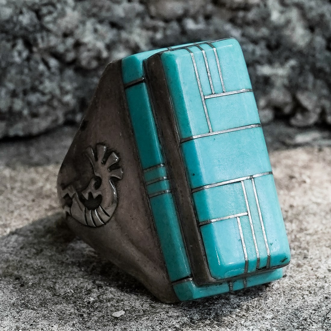 Tim Charlie Vintage Navajo Sterling Silver & Turquoise Inlay Ring (1 of 8)