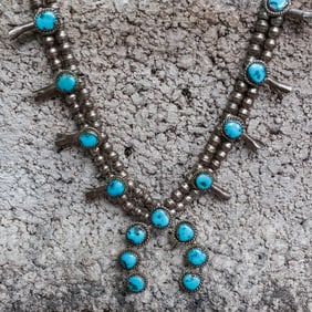 Vintage Navajo Sterling Silver & Turquoise Squash Blossom Necklace