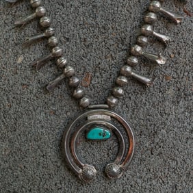 Vintage Navajo Sterling Silver & Turquoise Squash Blossom Necklace
