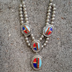 Jon McCray Navajo Sterling Silver & Multi-Stone Inlay Necklace