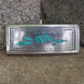 Vintage Navajo Sterling Silver Turquoise Inlay Belt Buckle