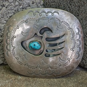 Navajo Sterling Silver Bear Paw Belt Buckle with Turquoise