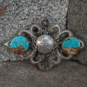 Vintage Navajo Sterling Silver Brooch, Turquoise and Coin Brooch