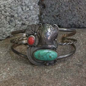 Signed Navajo Sterling Silver Turquoise & Coral Cuff Bracelet