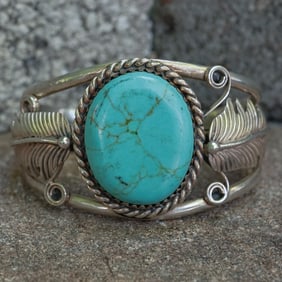 Signed Navajo Sterling Silver & Turquoise Cuff Bracelet