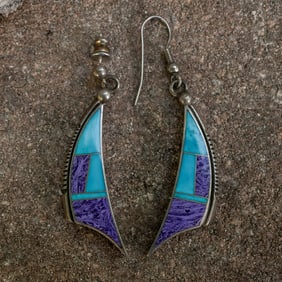 P. Sanchez Navajo Sterling Silver, Turquoise & Charoite Inlay Earrings