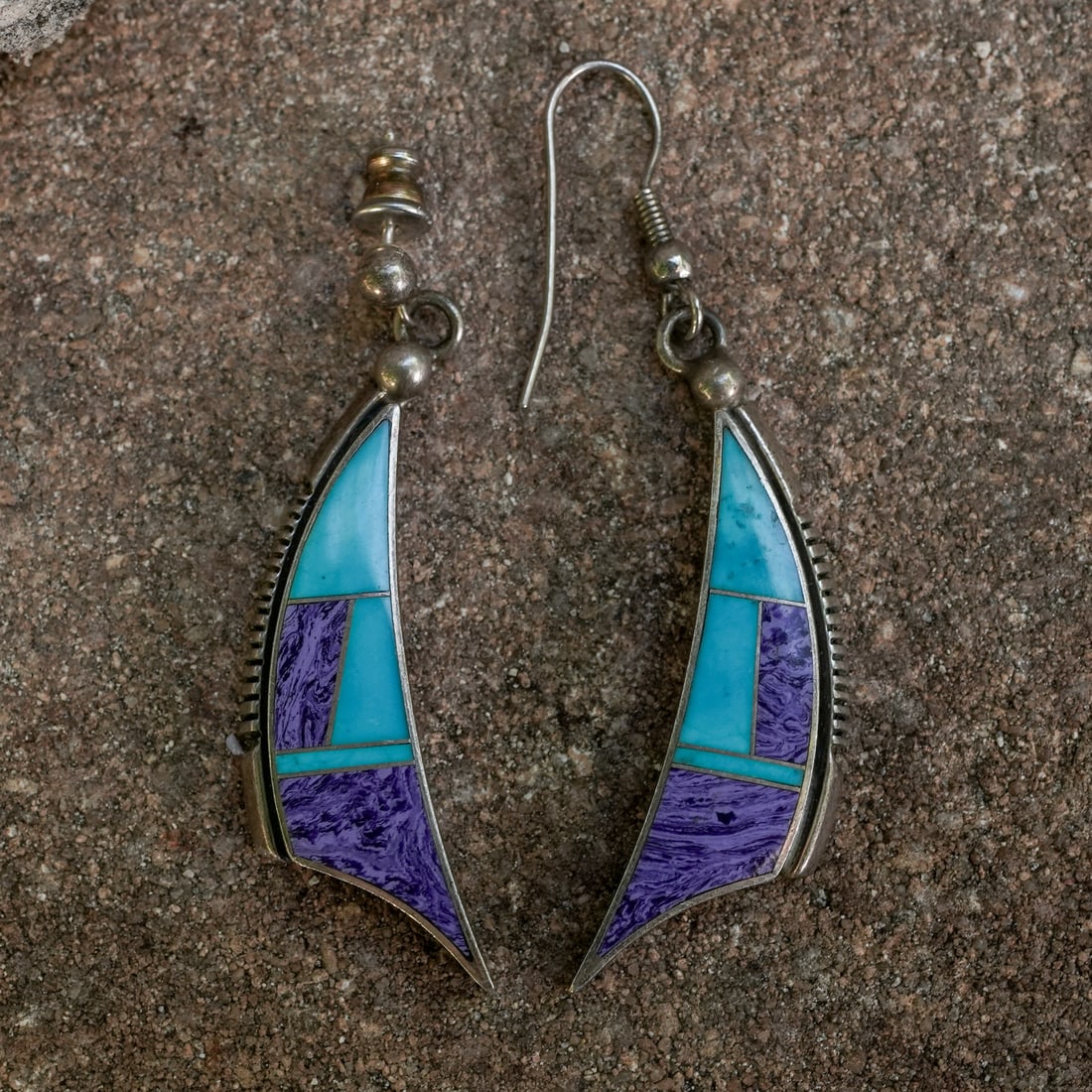 P. Sanchez Navajo Sterling Silver, Turquoise & Charoite Inlay Earrings (1 of 6)
