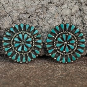 Vintage Zuni Sterling Silver & Turquoise Cluster Clip-On Earrings