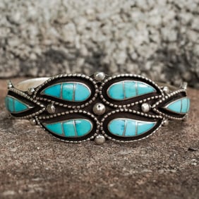 Leonard & Jessie Tsabetsaye Zuni Stirling Silver & Turquoise Cuff Bracelet
