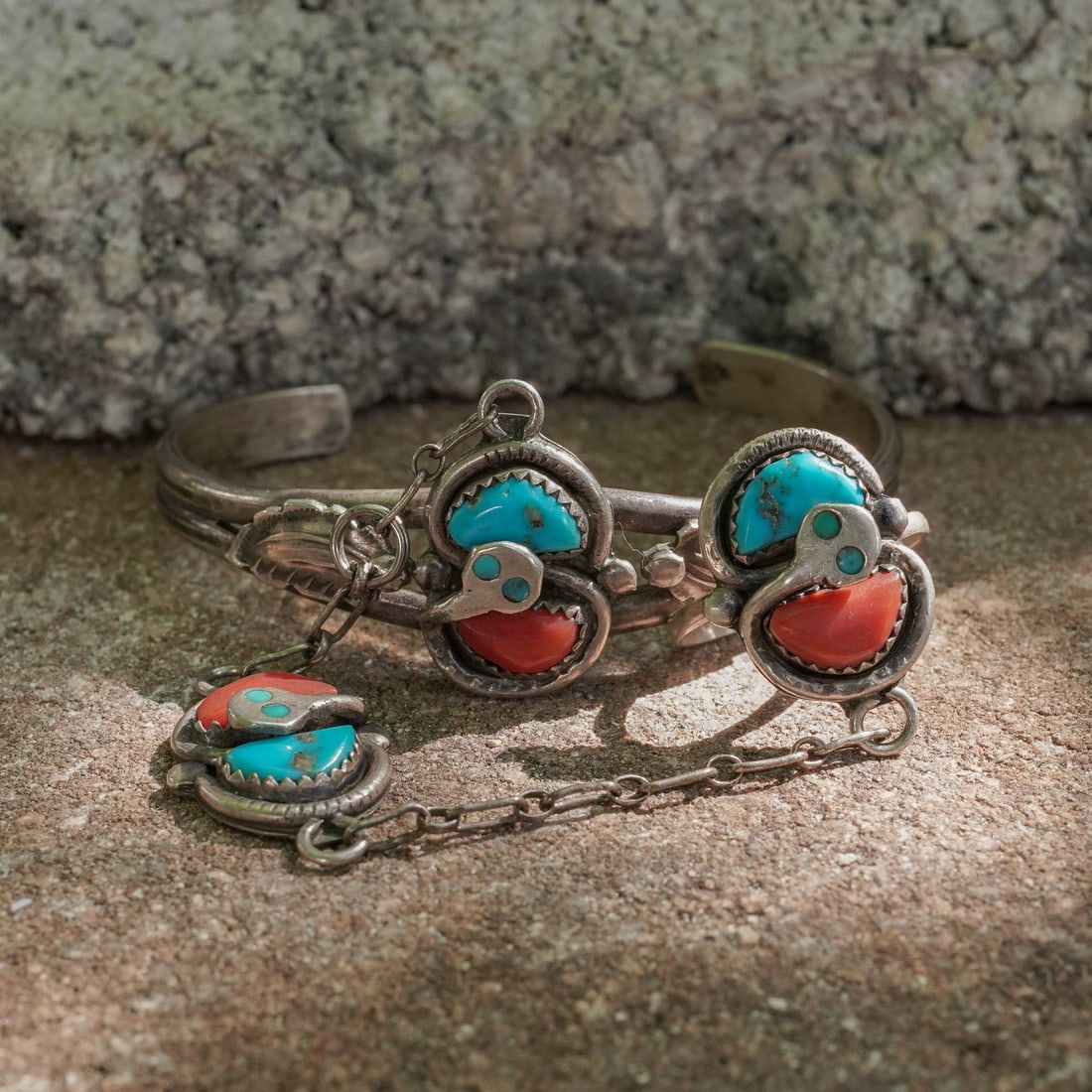 Effie C. Zuni Sterling Silver, Turquoise & Coral Motif Slave Bracelet & Ring (1 of 10)