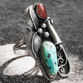 Vintage Navajo Sterling Silver,Turquoise & Coral Ring