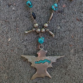 Vintage Navajo Sterling Silver Turquoise Inlay Squash Bottom Necklace