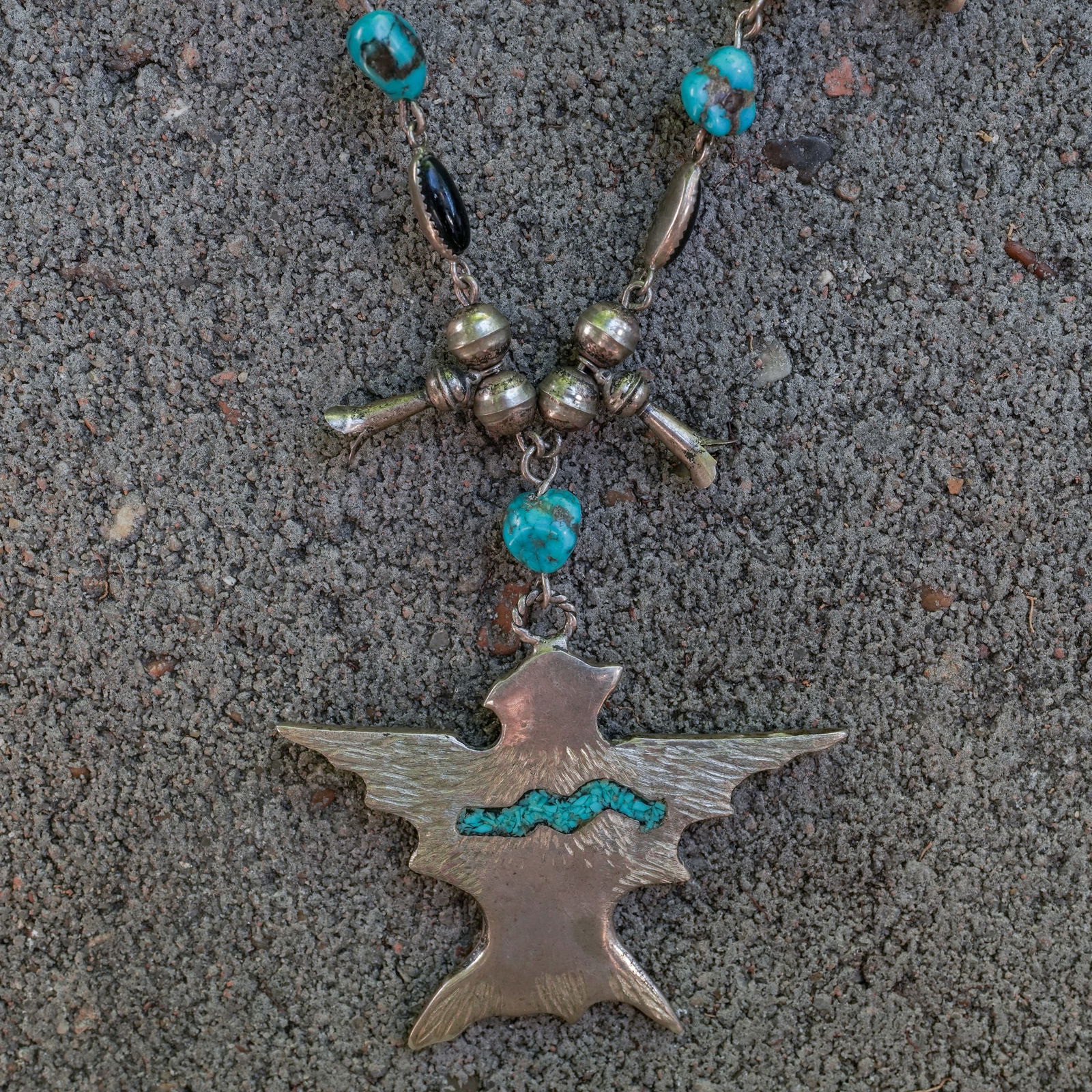 Vintage Navajo Sterling Silver Turquoise Inlay Squash Bottom Necklace (1 of 6)