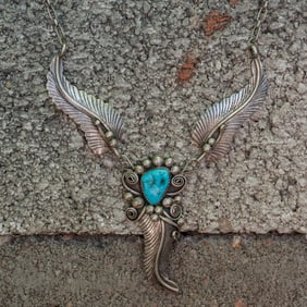 Signed Navajo Sterling Silver & Turquoise Leaf Necklace