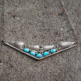 John Mike Navajo Sterling Silver & Turquoise Feather Necklace