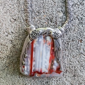 Vintage Signed Sterling Silver & Agate Slice Necklace
