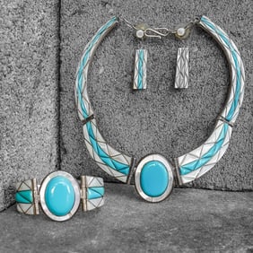 Vintage Navajo Sterling Silver Turquoise & MOP Parure Set