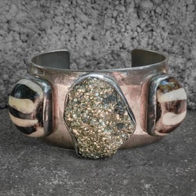 Rebeca Collins Sterling Pyrite Druzy and Yemeni Agate Cuff Bracelet
