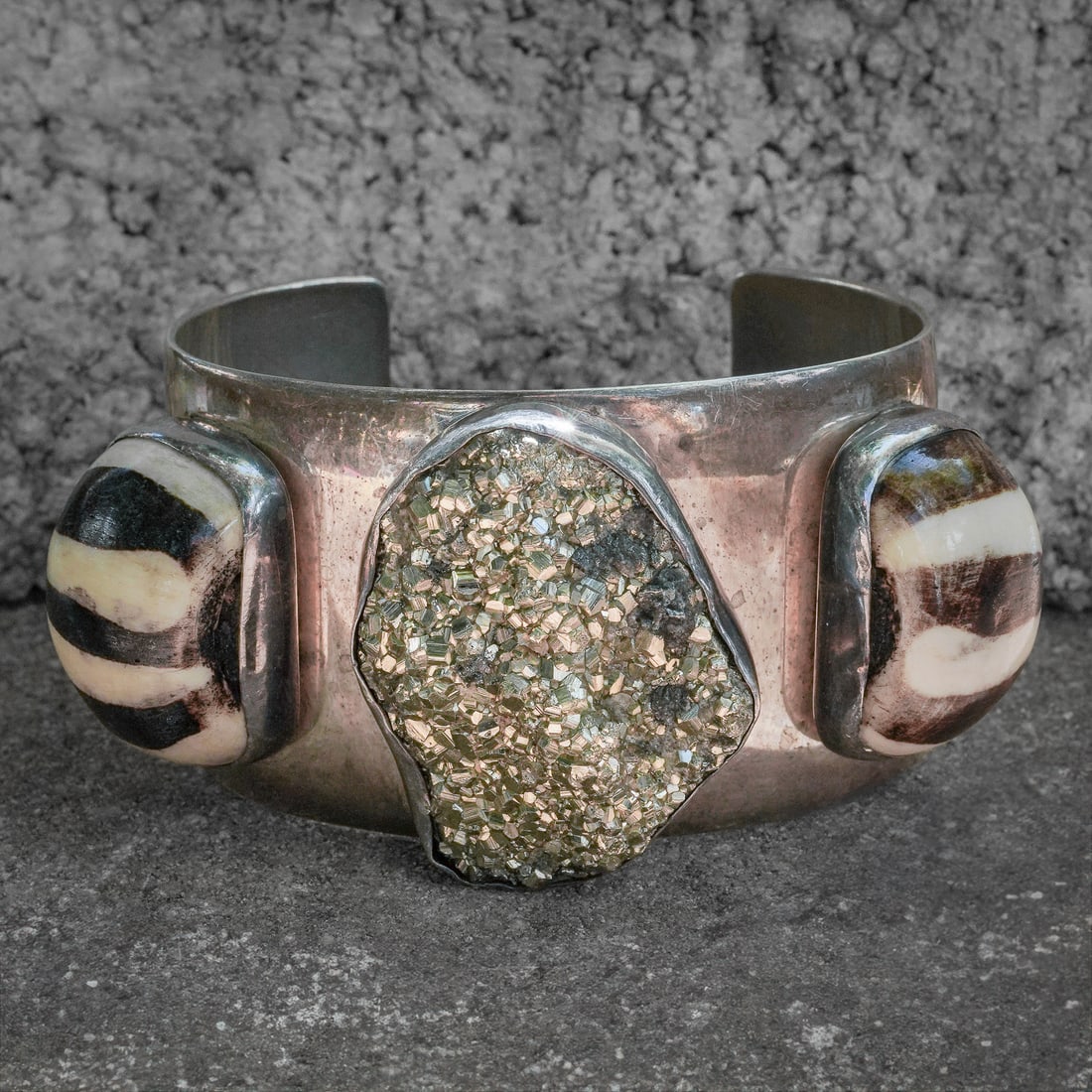 Rebecca Collins Sterling Pyrite Druzy and Yemeni Agate Cuff Bracelet (1 of 9)