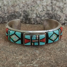 Victor Ybyrai Navajo Sterling Silver & Multi-Stone Inlay Cuff Bracelet