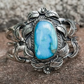 Vintage Navajo Sterling Silver & Blue Turquoise Leaf-Work Cuff