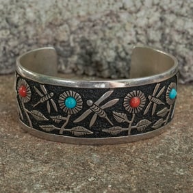 Philbert Begay Vintage Navajo Sterling Silver, Turquoise & Coral Cuff Bracelet