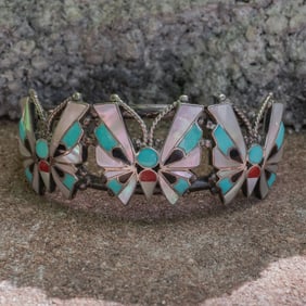 Reyes Neha Vintage Zuni Sterling Silver Butterfly Inlay Cuff Bracelet