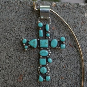 Temmo Vintage Navajo Sterling Silver & Turquoise Cross Pendant