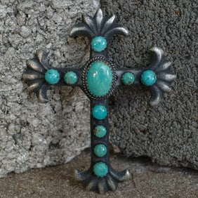 Albert & Jeanette Brown Vintage Navajo Sterling Silver & Turquoise Cross Pendant