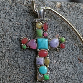 Vintage Navajo Sterling Silver & Multi-Stone Cross Pendant