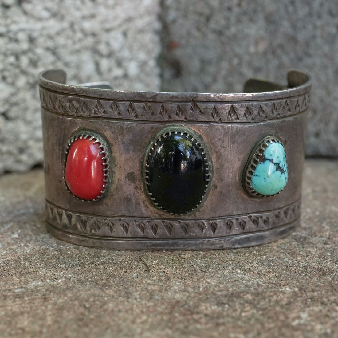 Signed Navajo Sterling Silver, Turquoise, Onyx & Coral Cuff (1 of 7)