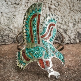 Vintage Singed Sterling Silver Turquoise & Coral Eagle Mosaic Inlay Cuff