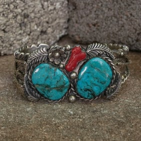 Vintage Navajo Sterling Silver Turquoise & Coral Cuff Bracelet