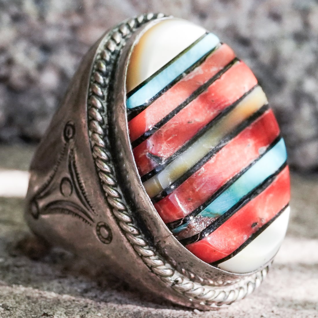 Vintage Zuni Sterling Silver & Multi-Stone Inlay Ring (1 of 6)