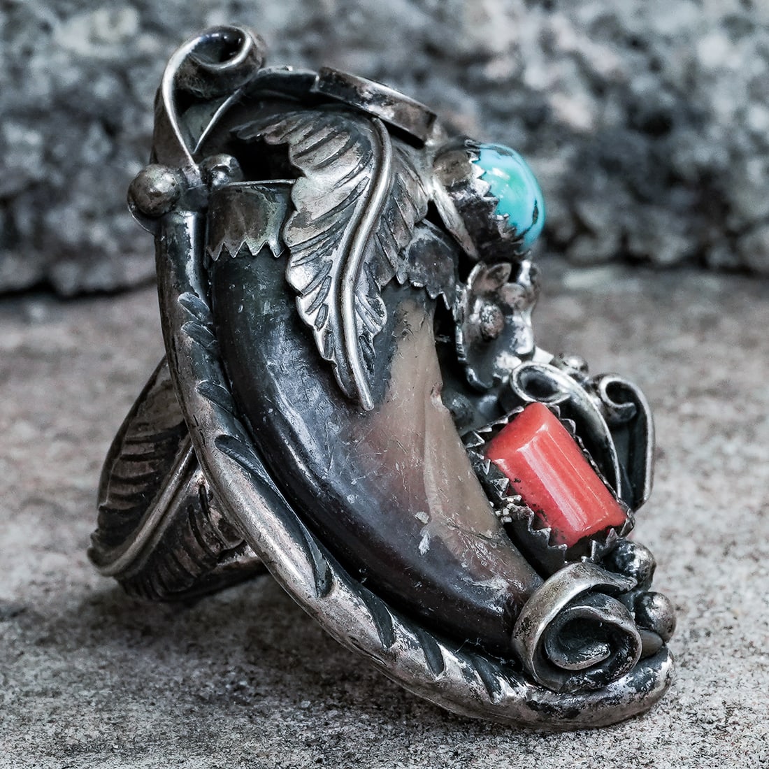 Vintage Navajo Sterling Silver Coral & Turquoise Inlay Ring (1 of 6)