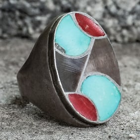 Vintage Navajo Sterling Silver & Multi-Stone Inlay Ring Signed