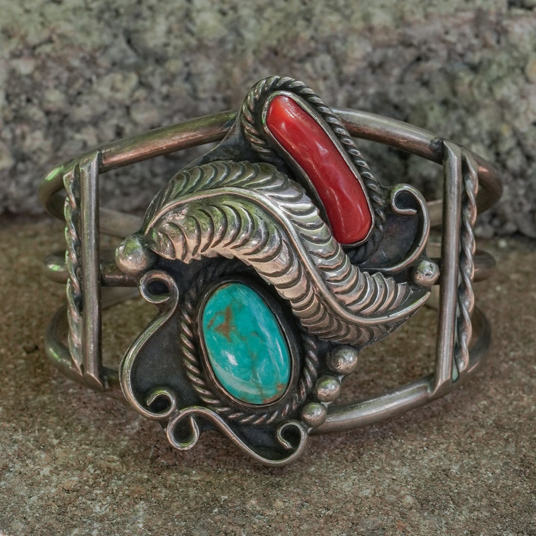 Navajo Sterling Silver Turquoise & Coral Cuff Bracelet, Initialed (1 of 9)