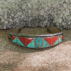 Vintage Navajo Sterling Silver Turquoise & Coral Cuff Bracelet