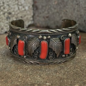 Vintage Signed Navajo Sterling Silver & Coral Cuff Bracelet