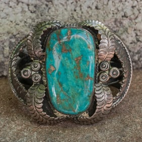 Vintage Signed Navajo Sterling Silver & Turquoise Bracelet