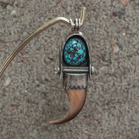 Signed Navajo Sterling Silver, Turquoise & Bear Claw Pendant
