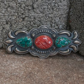 PJ Begay Navajo Sterling Silver Spiny Oyster & Turquoise Brooch