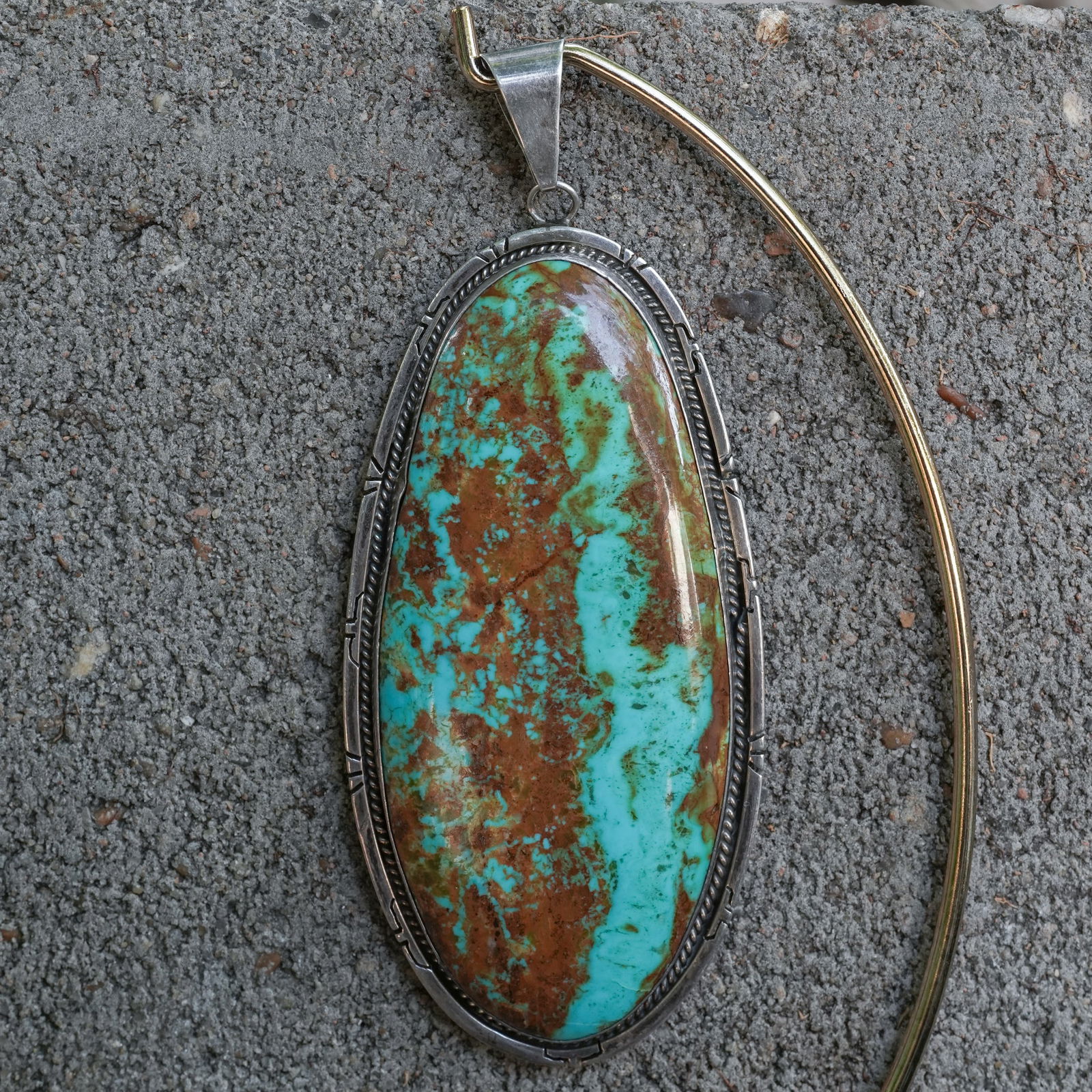 Signed Navajo Sterling Silver & Large Green Turquoise Pendant (1 of 7)
